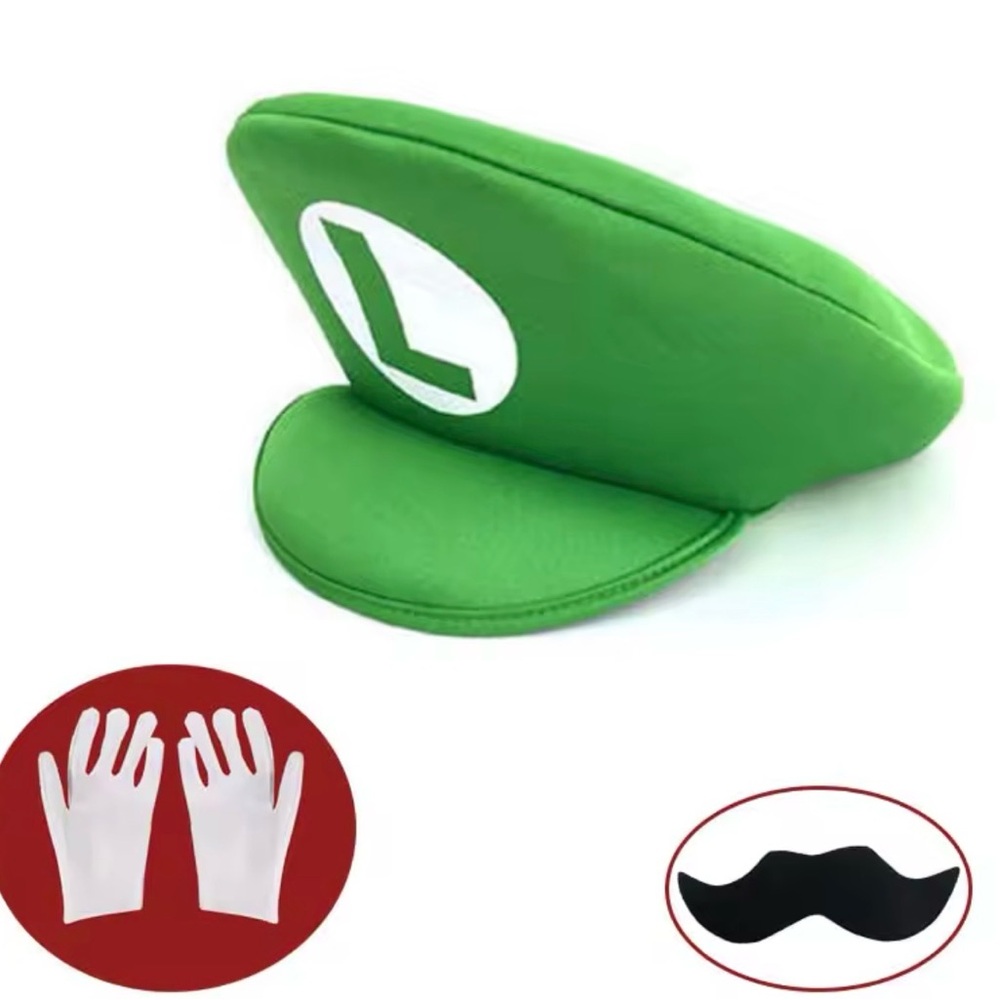 New Green Super Mario Bros Hat Luigi Cap Mustache gloves set Halloween costume